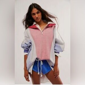 Free People Sidewalk Colorblock Sweatshirt Fiery Red Blue Combo Size Large
